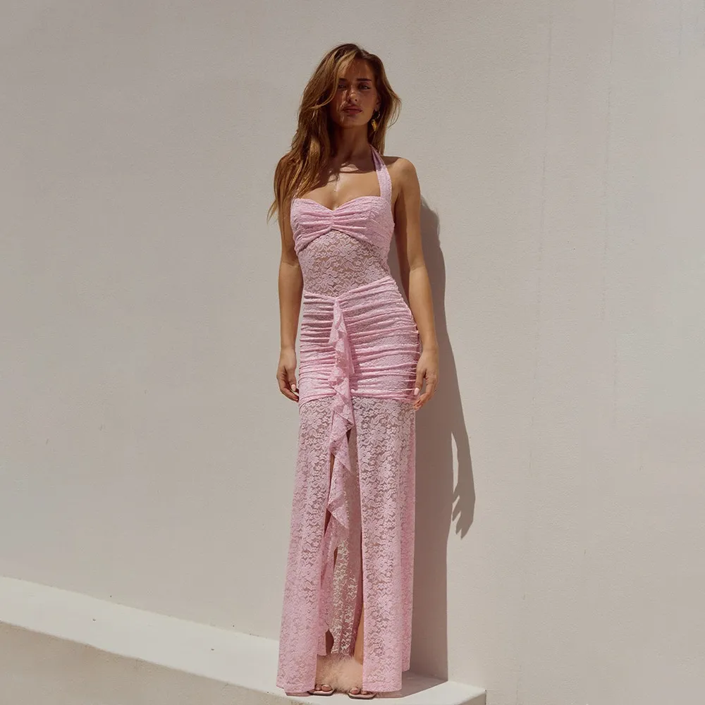 Women's Lace Backless Slit Dress - Pink