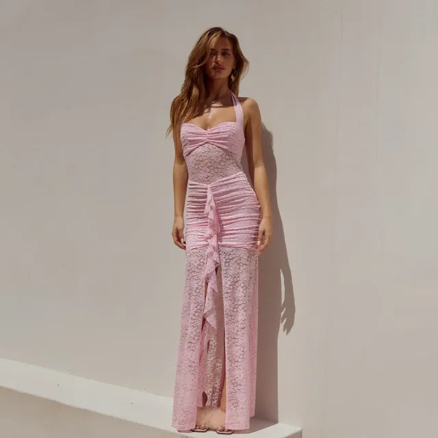 Women's Lace Backless Slit Dress Pink - Shop at LoveMi