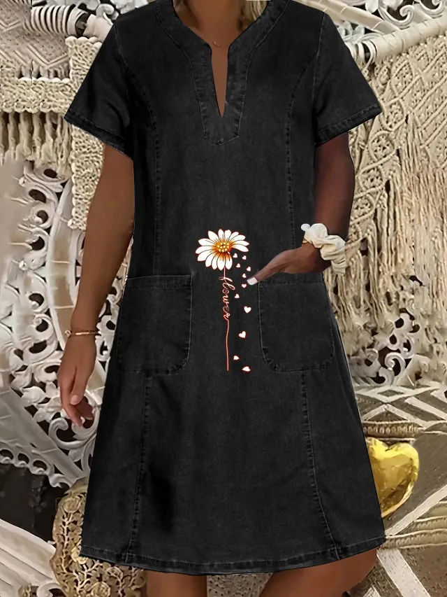 Women's Fashion Printed Black With Pockets Denim Dress Black - Shop at LoveMi