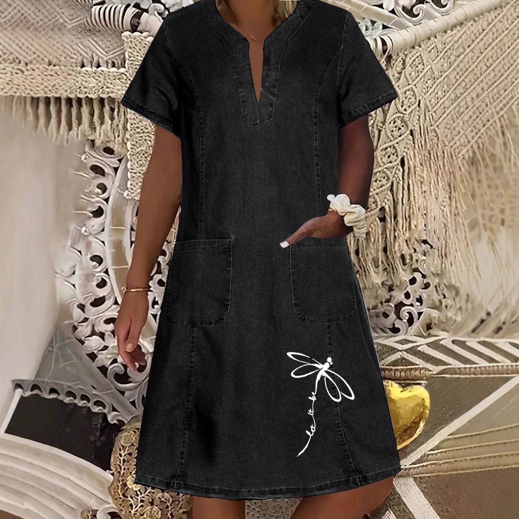 Women's Fashion Printed Black With Pockets Denim Dress
