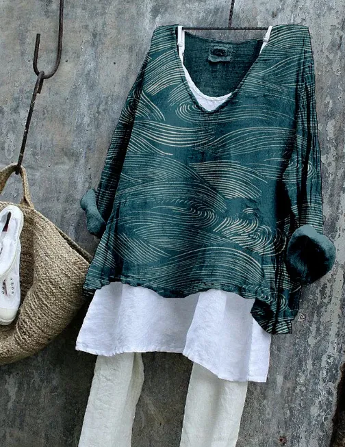 Women's Water Pattern Linen Blend Flowy Long Sleeve Shirt Navy Blue - Shop at LoveMi