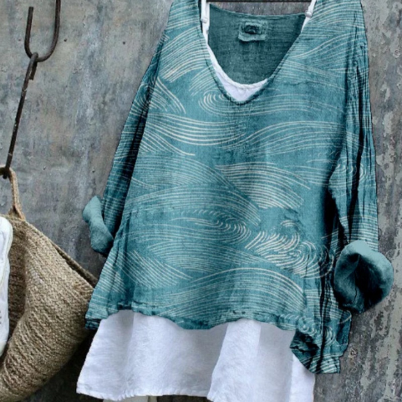 Women's Water Pattern Linen Blend Flowy Long-Sleeve Shirt