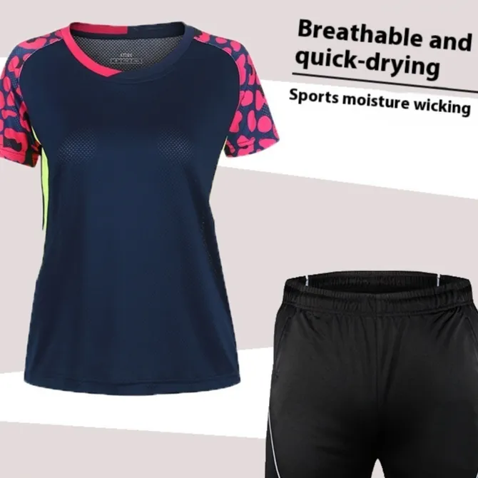 Badminton Suit Set Summer Short Sleeved Top Men's And Women's Lapel - B5060 Womens Deep Blue Set