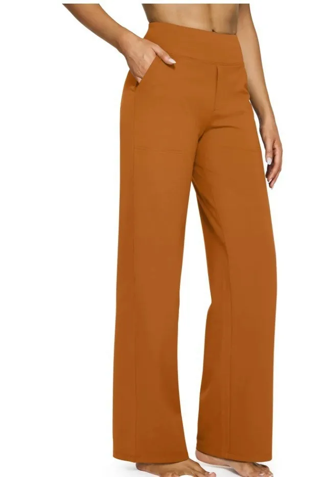 Pocket Knitted Straight High Waist Trousers Chocolate Color - Shop at LoveMi
