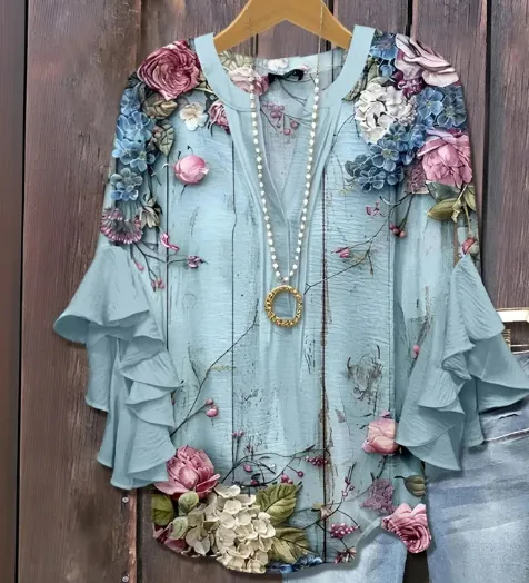 Women's Creative Printing Casual V-neck Lotus Sleeve T-shirt - Style 3-4Xl