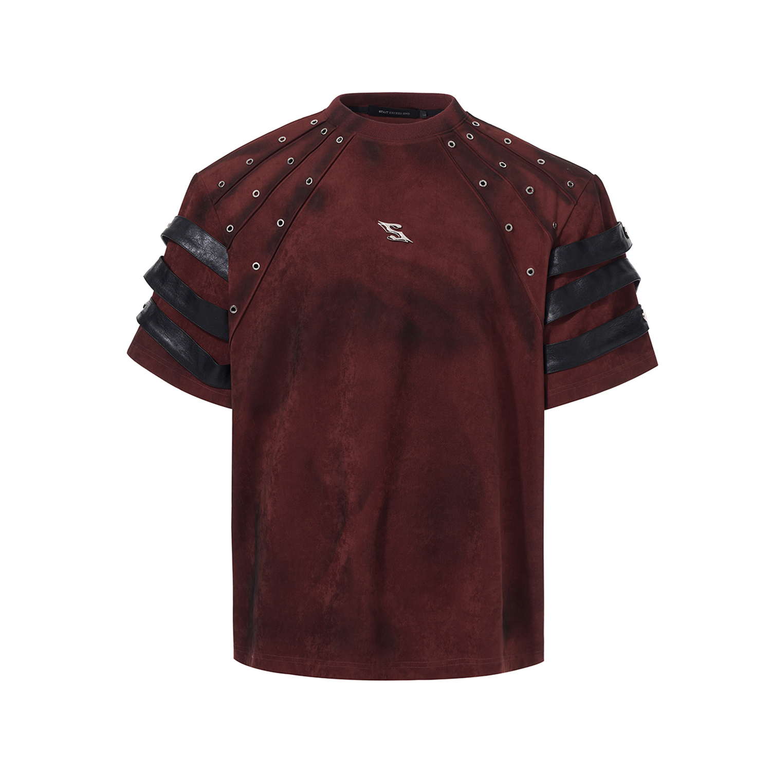 Dark Leather Patchwork Dirty Dyed Red T-shirt