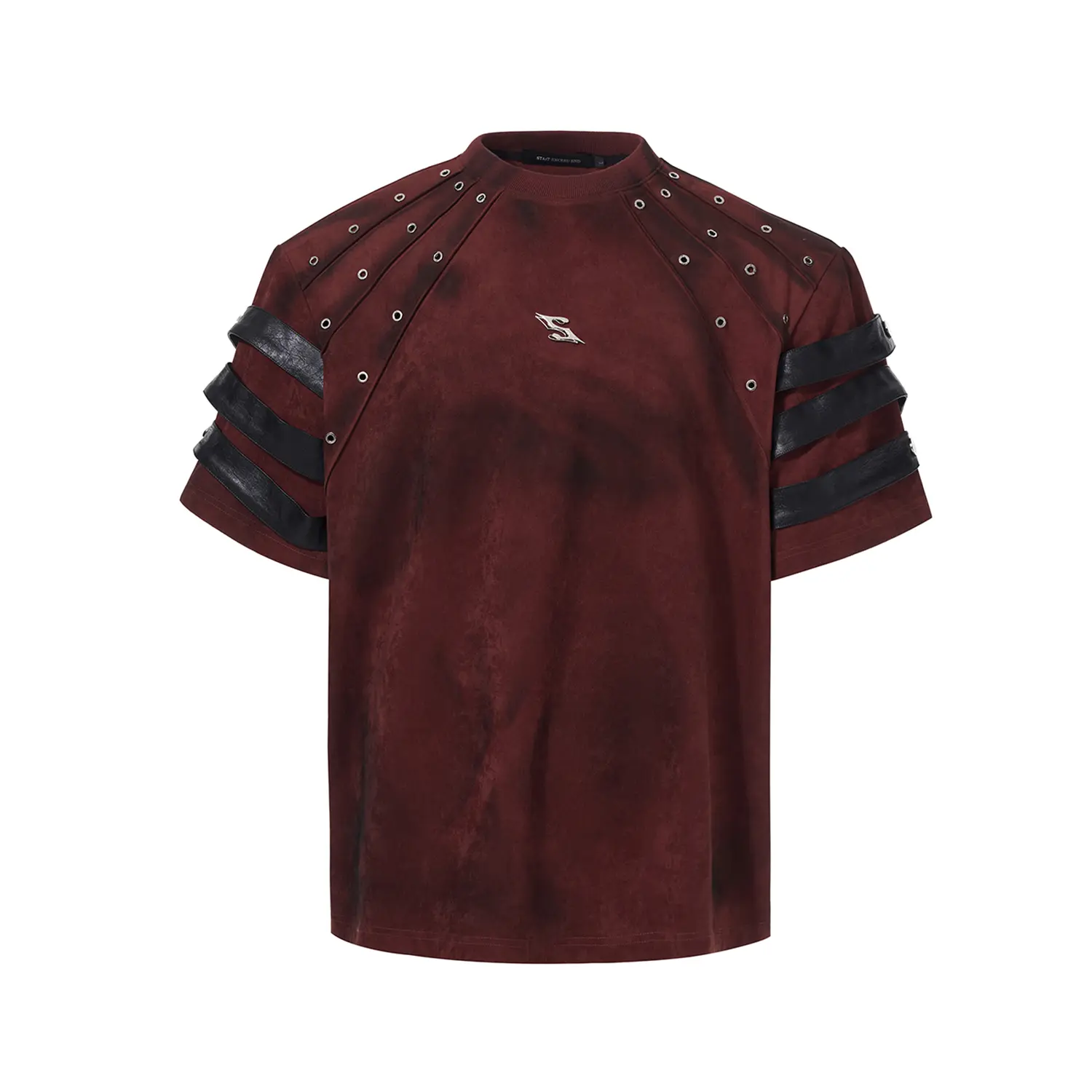 Dark Leather Patchwork Dirty Dyed Red T-shirt