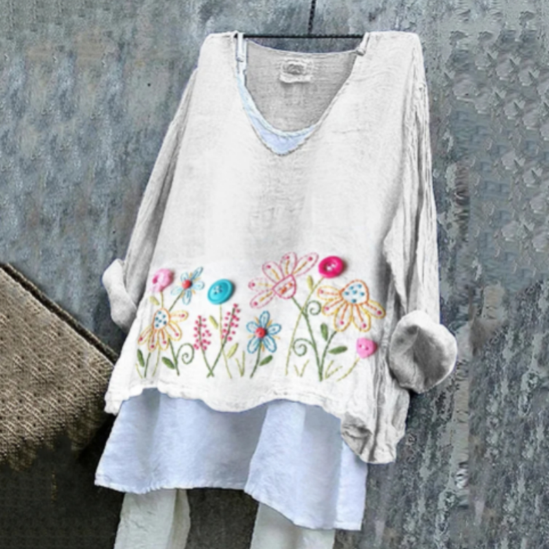 Women's Button Flower Pattern Print Cotton & Linen Shirt