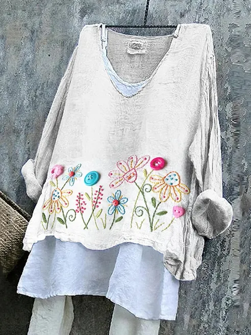 Women's Button Flower Pattern Print Cotton & Linen Shirt White - Shop at LoveMi