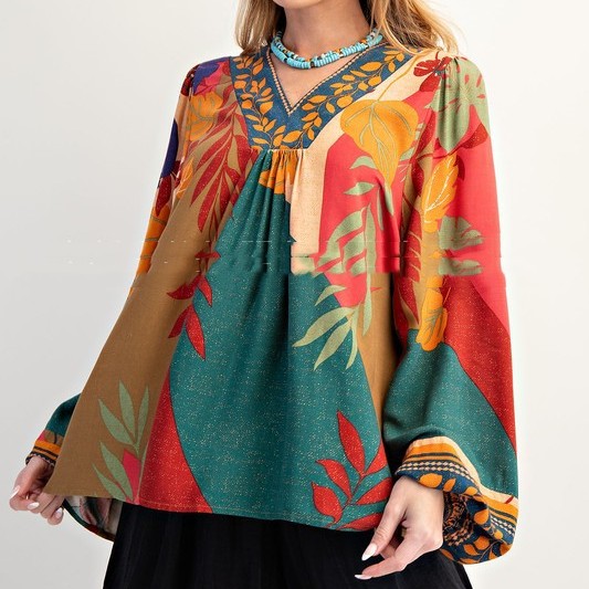 V neck Long Sleeve Shirt Loose Pullover Top Green - Shop at LoveMi