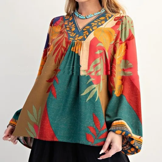 V neck Long Sleeve Shirt Loose Pullover Top Green - Shop at LoveMi