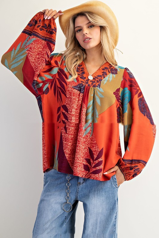 V-neck Long Sleeve Shirt Loose Pullover Top