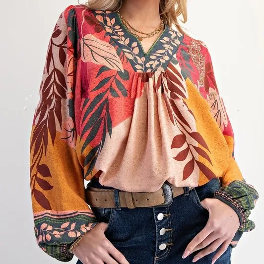V neck Long Sleeve Shirt Loose Pullover Top Yellow - Shop at LoveMi