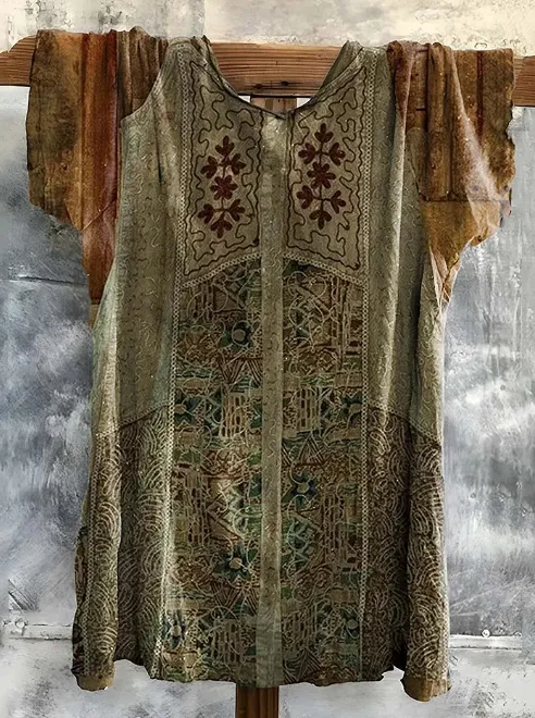 Boho Vintage Patterned Linen Cotton T shirt Green - Shop at LoveMi