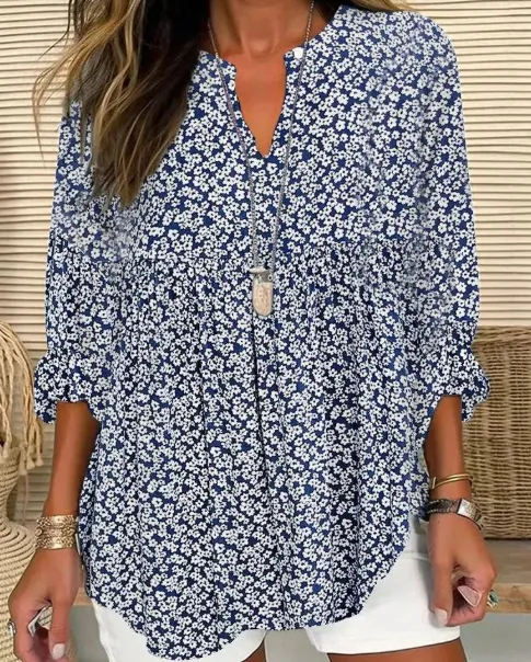 Women's Comfy Ditsy Floral Print Notched Neck Top Blue - Shop at LoveMi