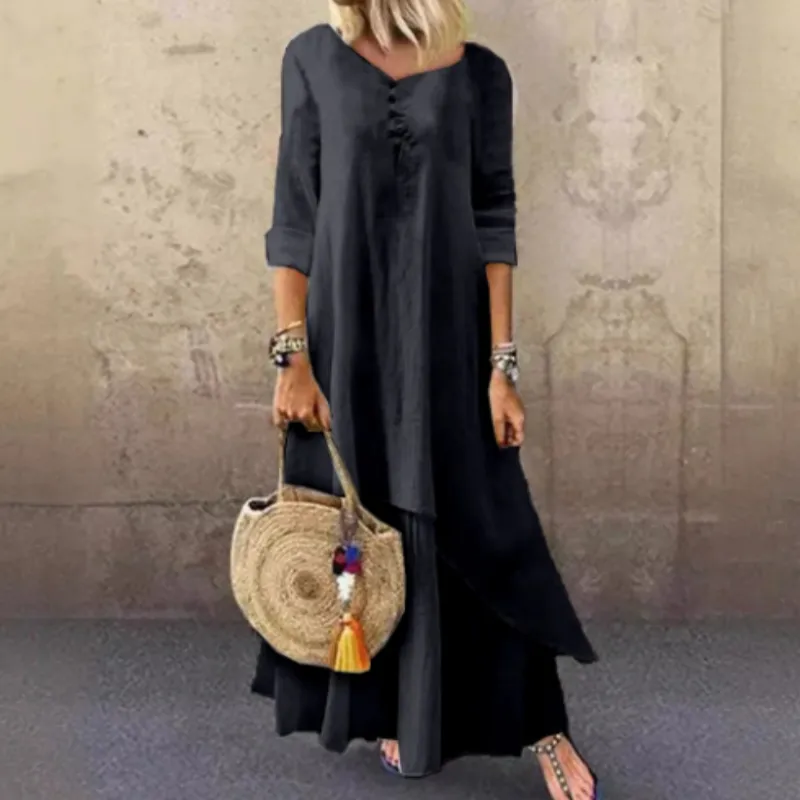 Casual Cotton And Linen Maxi Dress - Black