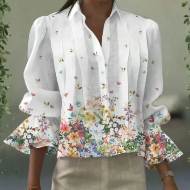 Female Loose And Casual White Floral Pleated Shirt