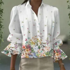 Female Loose And Casual White Floral Pleated Shirt - White - View 1
