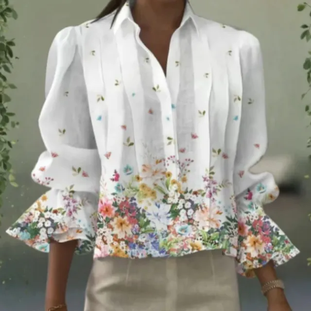 Female Loose And Casual White Floral Pleated Shirt White - Shop at LoveMi