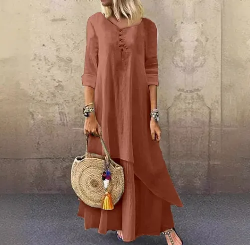Casual Cotton And Linen Maxi Dress Brown - Shop at LoveMi