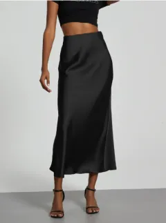 Women's Slim Fit Satin Skirt Fashion Chic Solid Long Skirt - Black - View 1