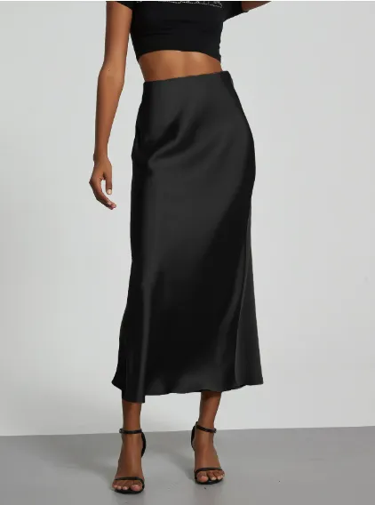 Women's Slim Fit Satin Skirt Fashion Chic Solid Long Skirt - Black