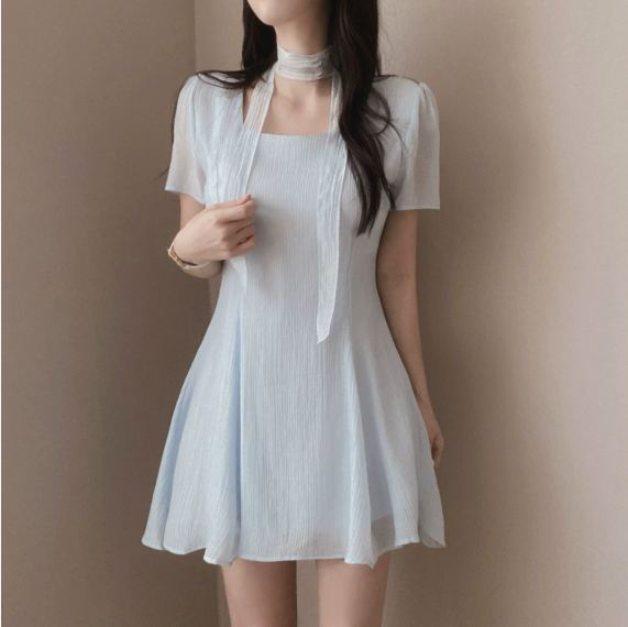 Simple Temperament Square Collar Ribbon Texture Casual Slimming Small Size Dress