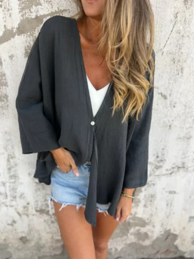 Cardigan V neck Fashionable Loose Top For Women Grey - Shop at LoveMi