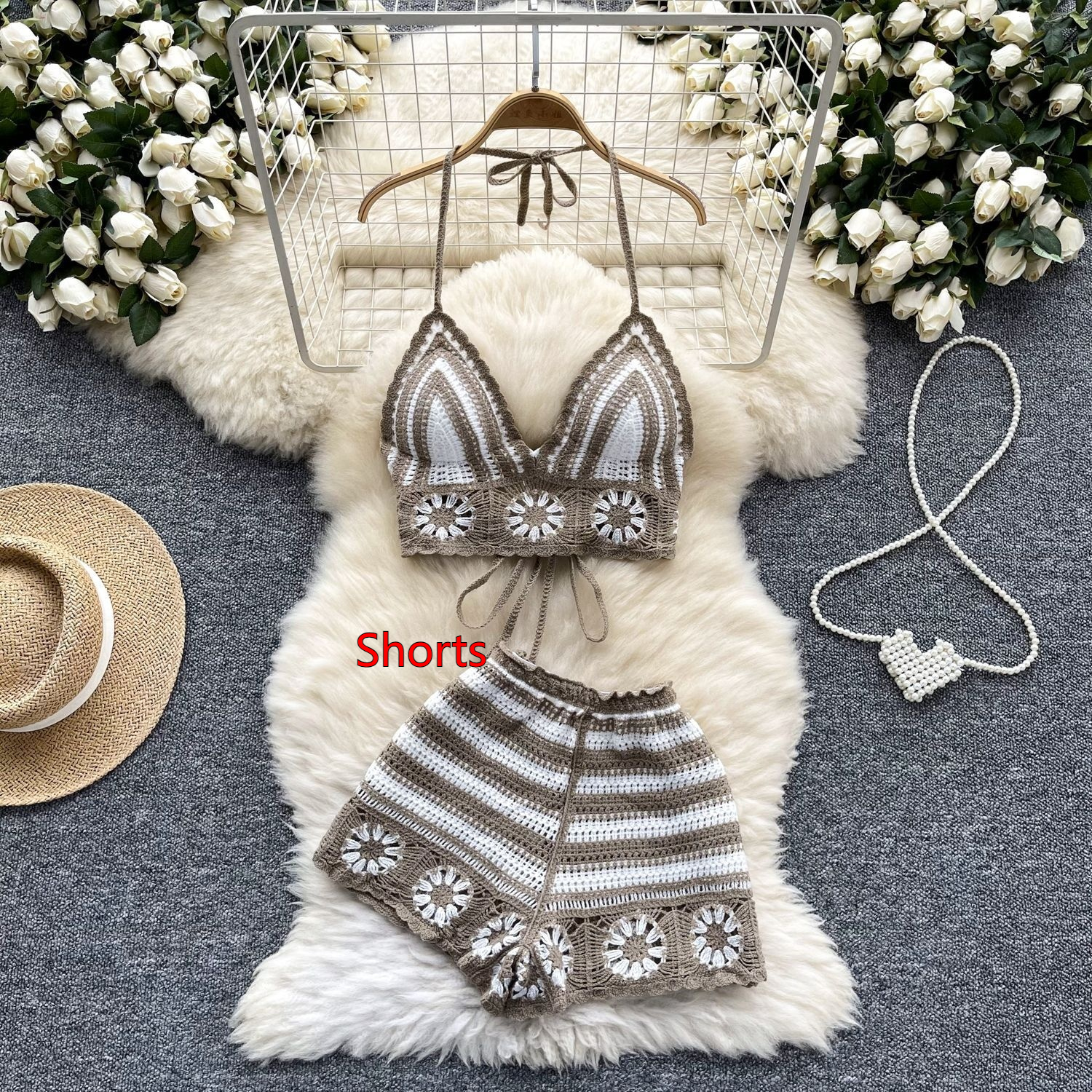 Sexy Cutout Crocheted Halter Strap Vest High Waist Knit Shorts