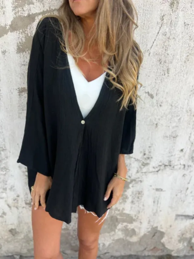 Cardigan V neck Fashionable Loose Top For Women Black - Shop at LoveMi