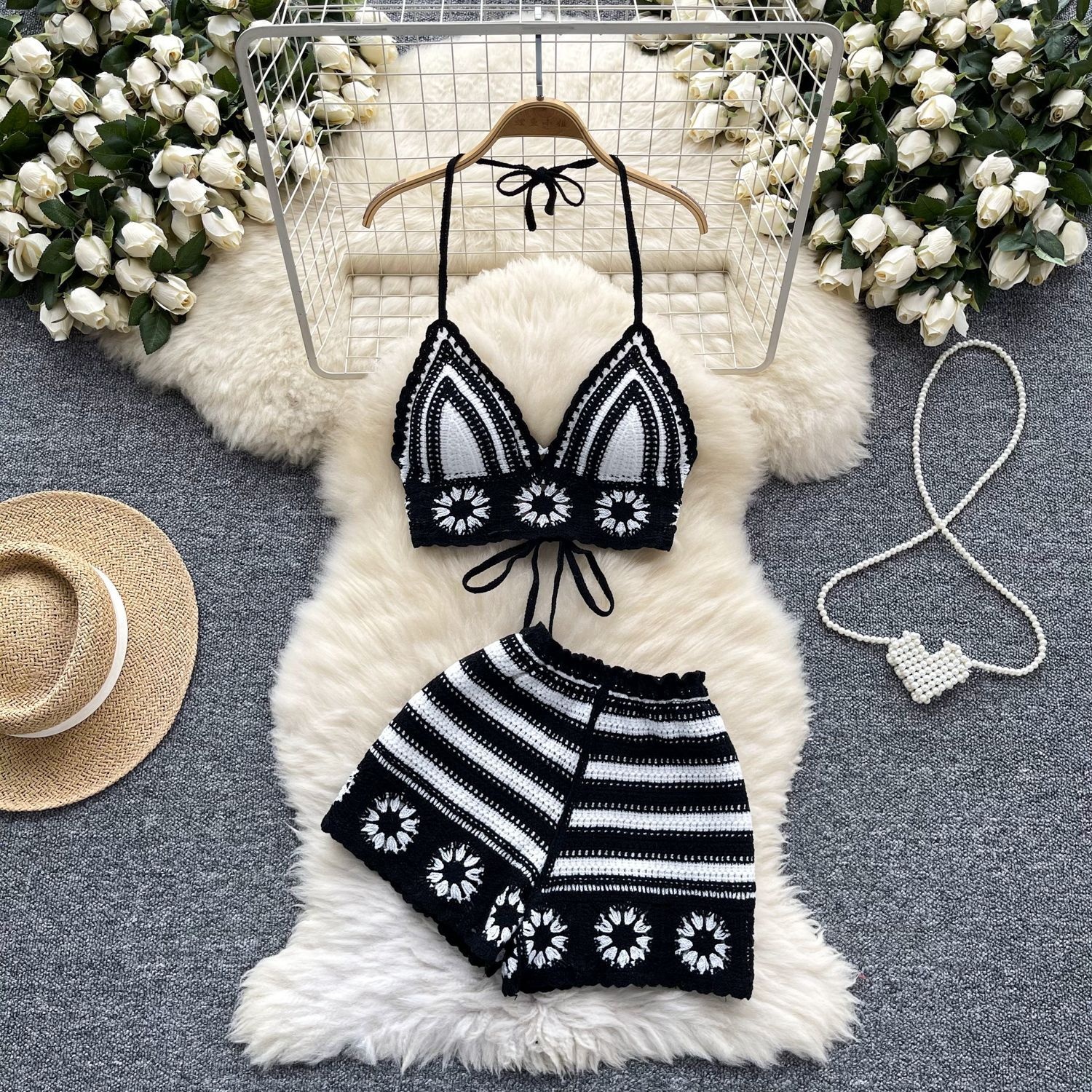 Sexy Cutout Crocheted Halter Strap Vest High Waist Knit Shorts