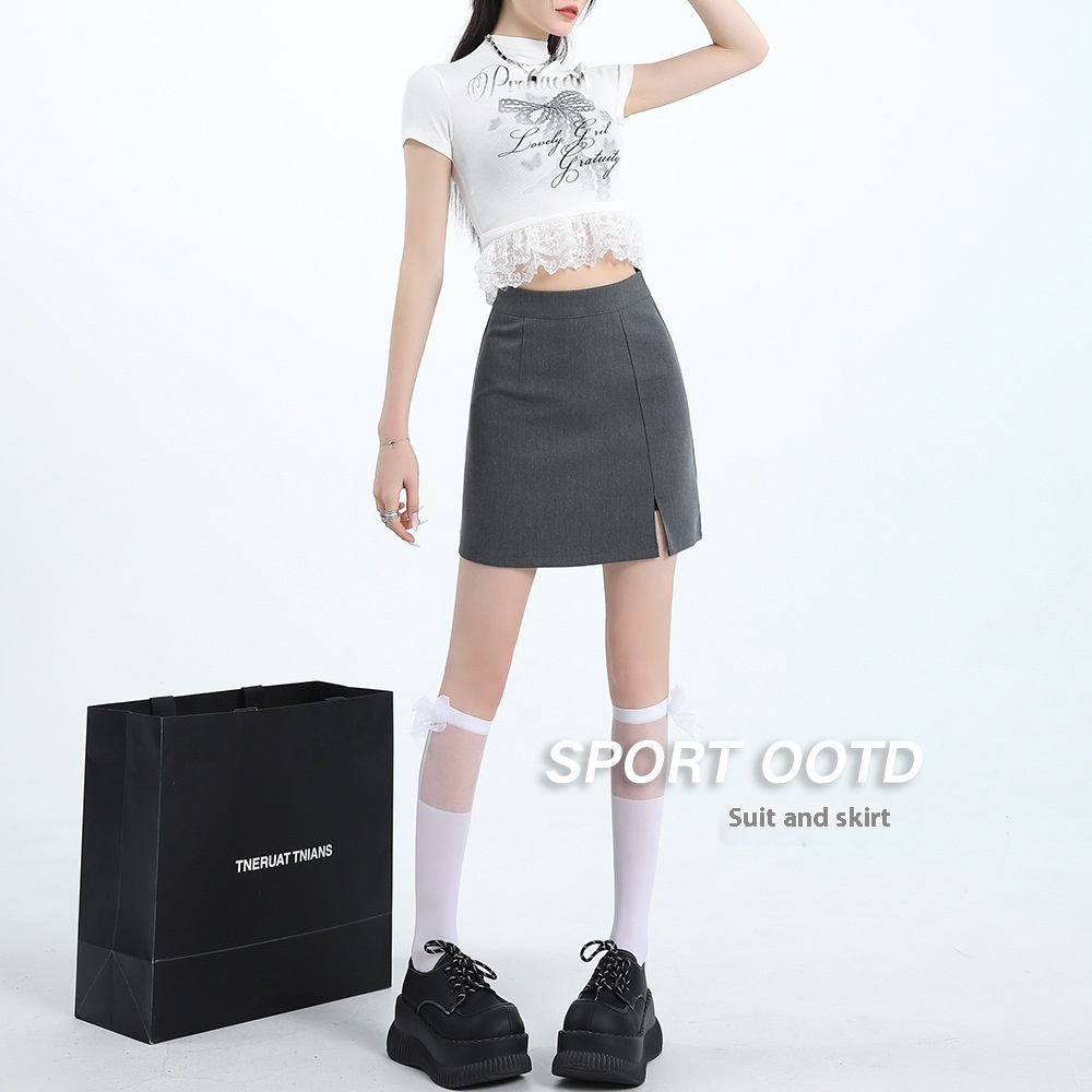 High Waist Anti-exposure-word Slit Sheath Skirt Gray Skirt