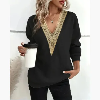 Women's Fashion Color Contrast Loose fitting T shirt Top Black A - Shop at LoveMi