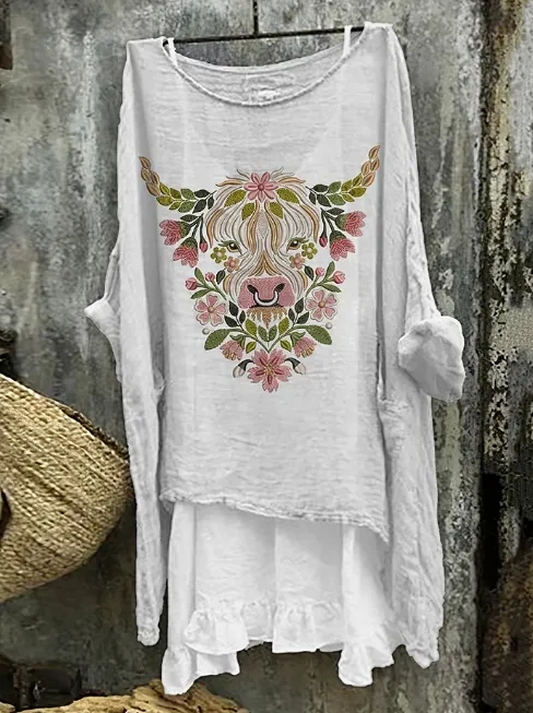 Women's Highland Cow Print Crew Neck Linen Blend T shirt Light Grey - Shop at LoveMi