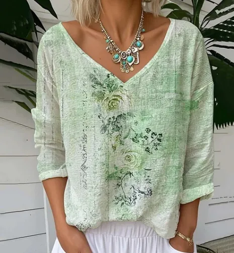 Women's Vintage Floral Print V Neck Loose Linen Blend Tee Green - Shop at LoveMi