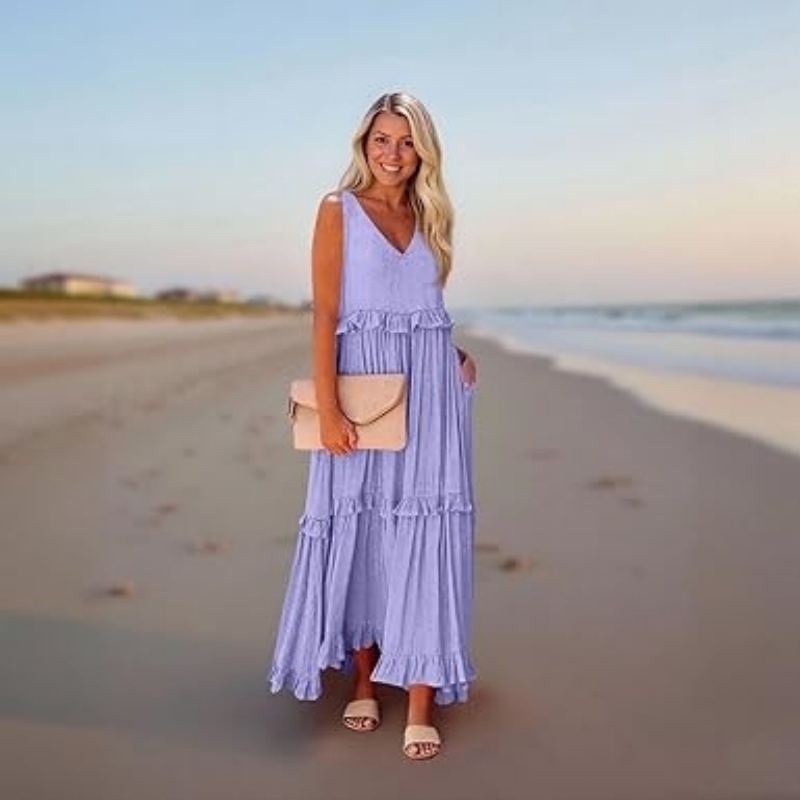 Casual V-neck Pleated Loose Flowy Ruffled Dress