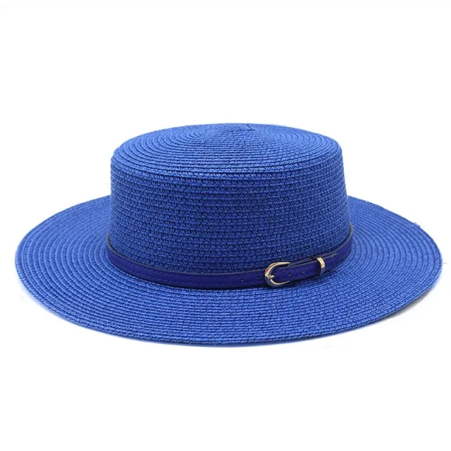 Wide Brim Flat Top Women's Spring And Summer Sun Beach Sun proof Straw Hat Sapphire Blue - Shop at LoveMi
