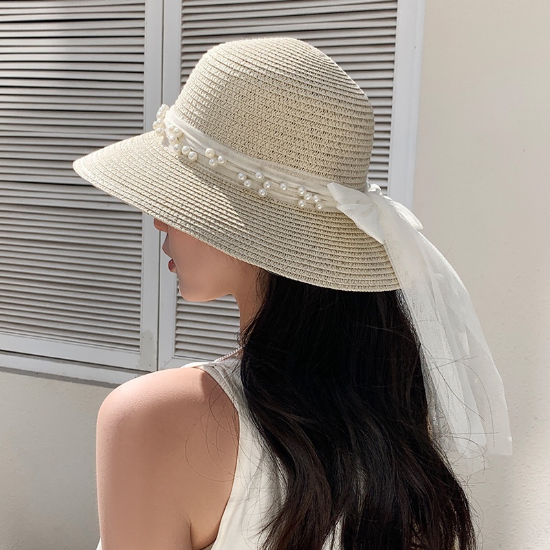 Lace Bow Pearl Sun Hat in Khaki for Women