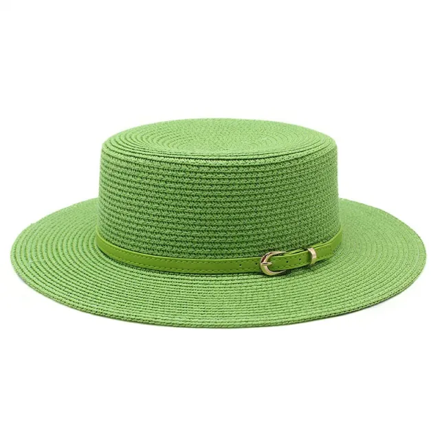 Wide Brim Flat Top Women's Spring And Summer Sun Beach Sun proof Straw Hat Green - Shop at LoveMi