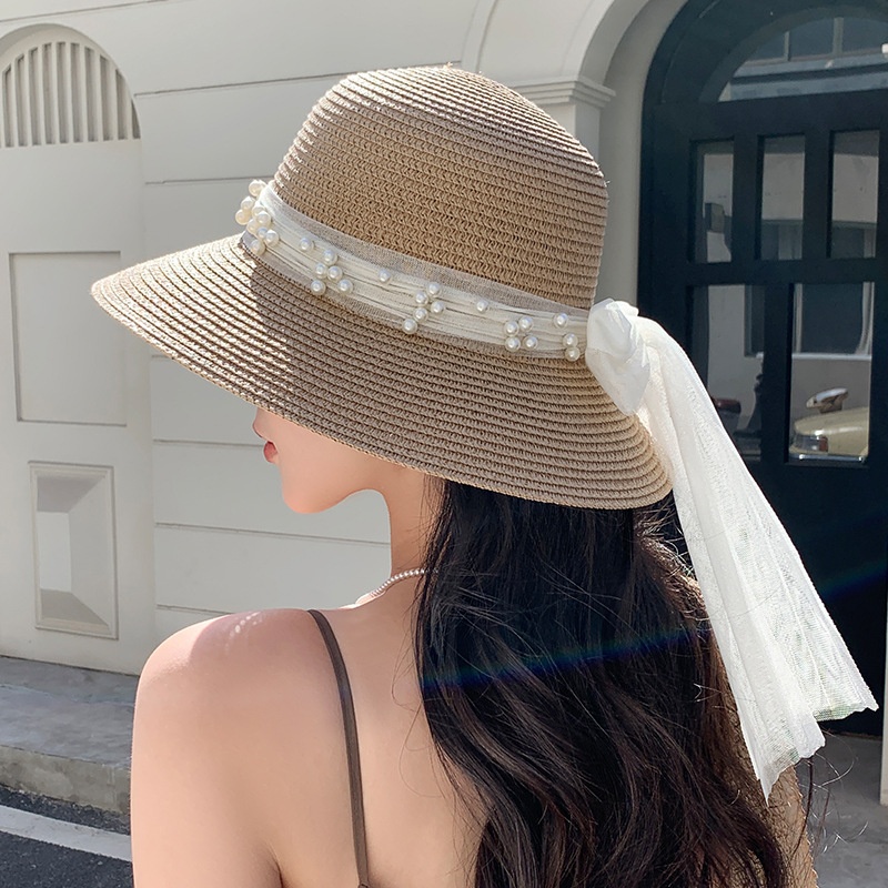 Lace Bow Pearl Sun Hat in Khaki for Women