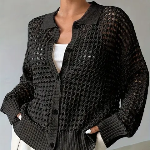 Hollow Single-breasted Lapel Oversized Knit Cardigan