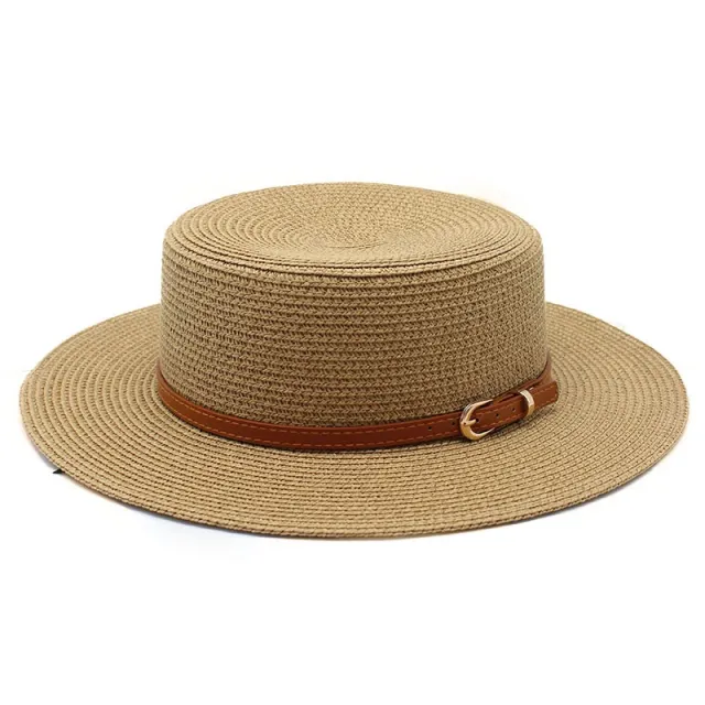 Wide Brim Flat Top Women's Spring And Summer Sun Beach Sun proof Straw Hat Khaki - Shop at LoveMi