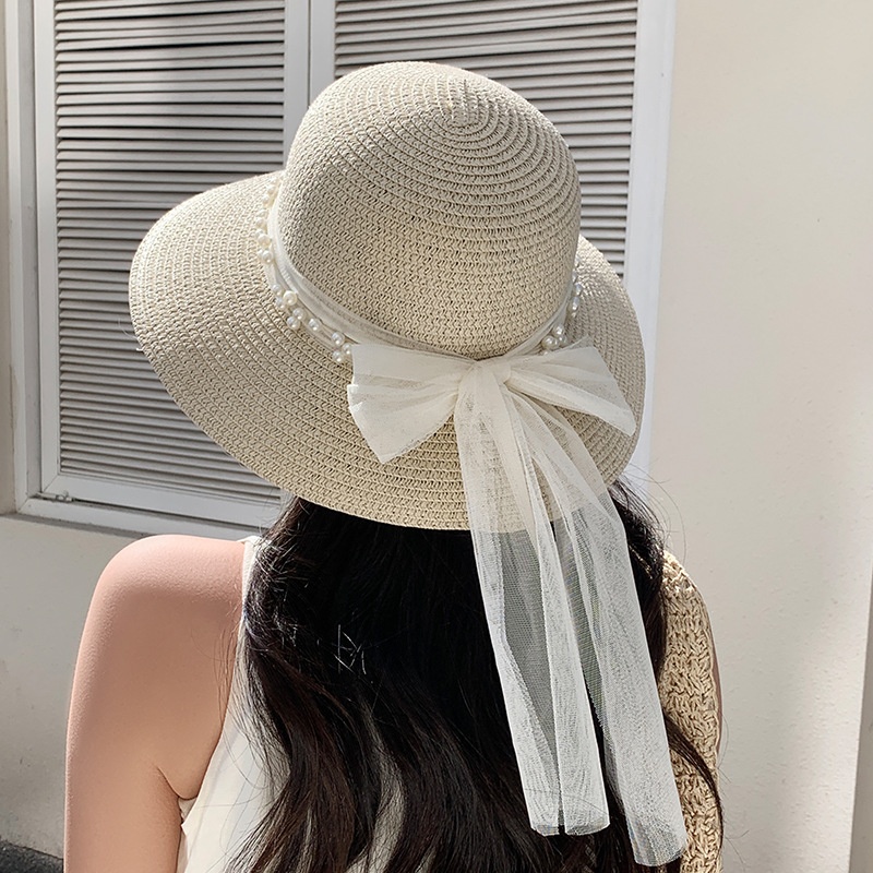 Lace Bow Pearl Sun Hat in Khaki for Women