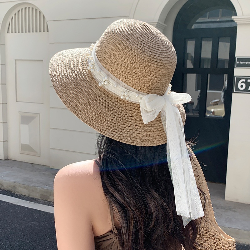 Lace Bow Pearl Sun Hat in Khaki for Women