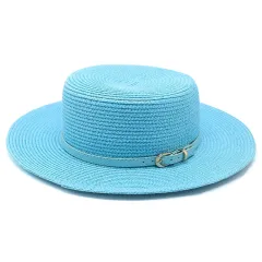 Wide Brim Flat Top Women's Spring And Summer Sun Beach Sun-proof Straw Hat - Lake Blue - View 1