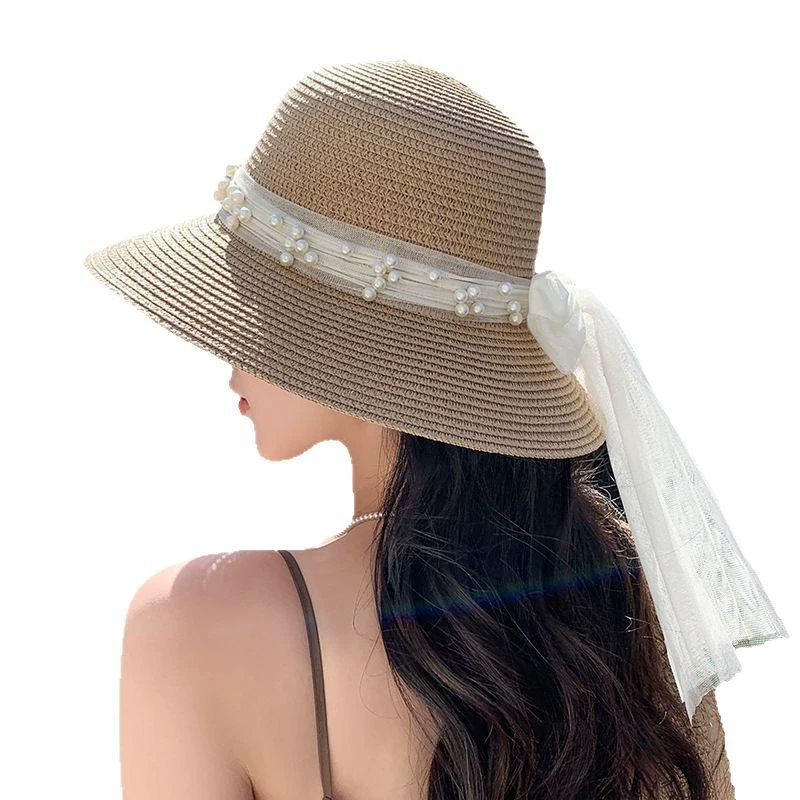 Lace Bow Pearl Sun Hat in Khaki for Women