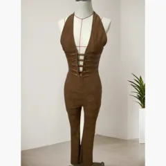 Sexy Lace Trousers Deep V Bandage Lace-up Halter Jumpsuit - Brown With Lining - View 1