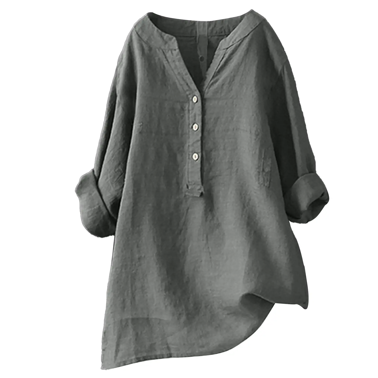 Loose Solid Color Stand Collar Button Long Sleeve Cotton And Linen Top
