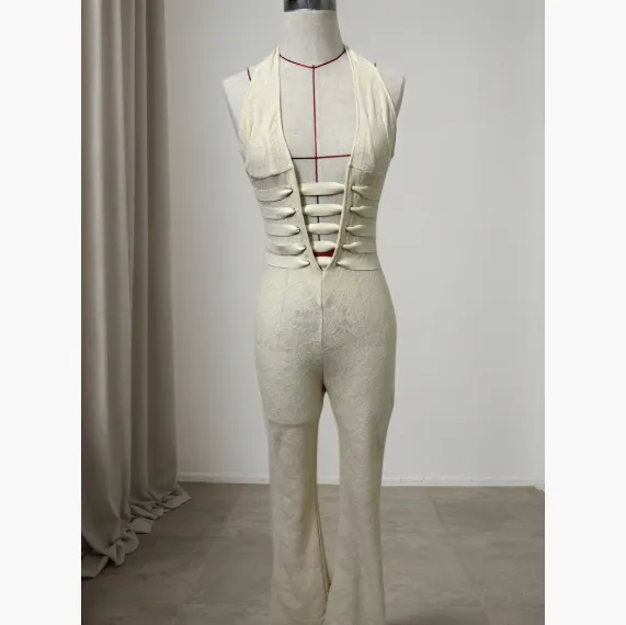 Sexy Lace Trousers Deep V Bandage Lace up Halter Jumpsuit Apricot Lined - Shop at LoveMi