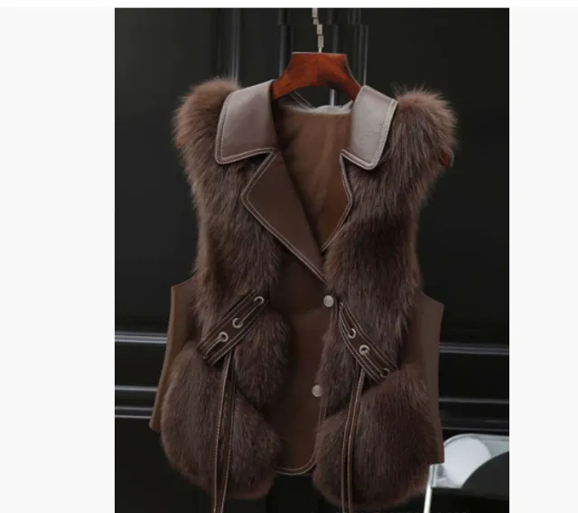Fur Vest Short Coat Autumn And Winter New Patchwork Winter Fox Fur Jacket Women Short Artificial Fur Coat Elegant Female Warm Vest Coffee - Shop at LoveMi